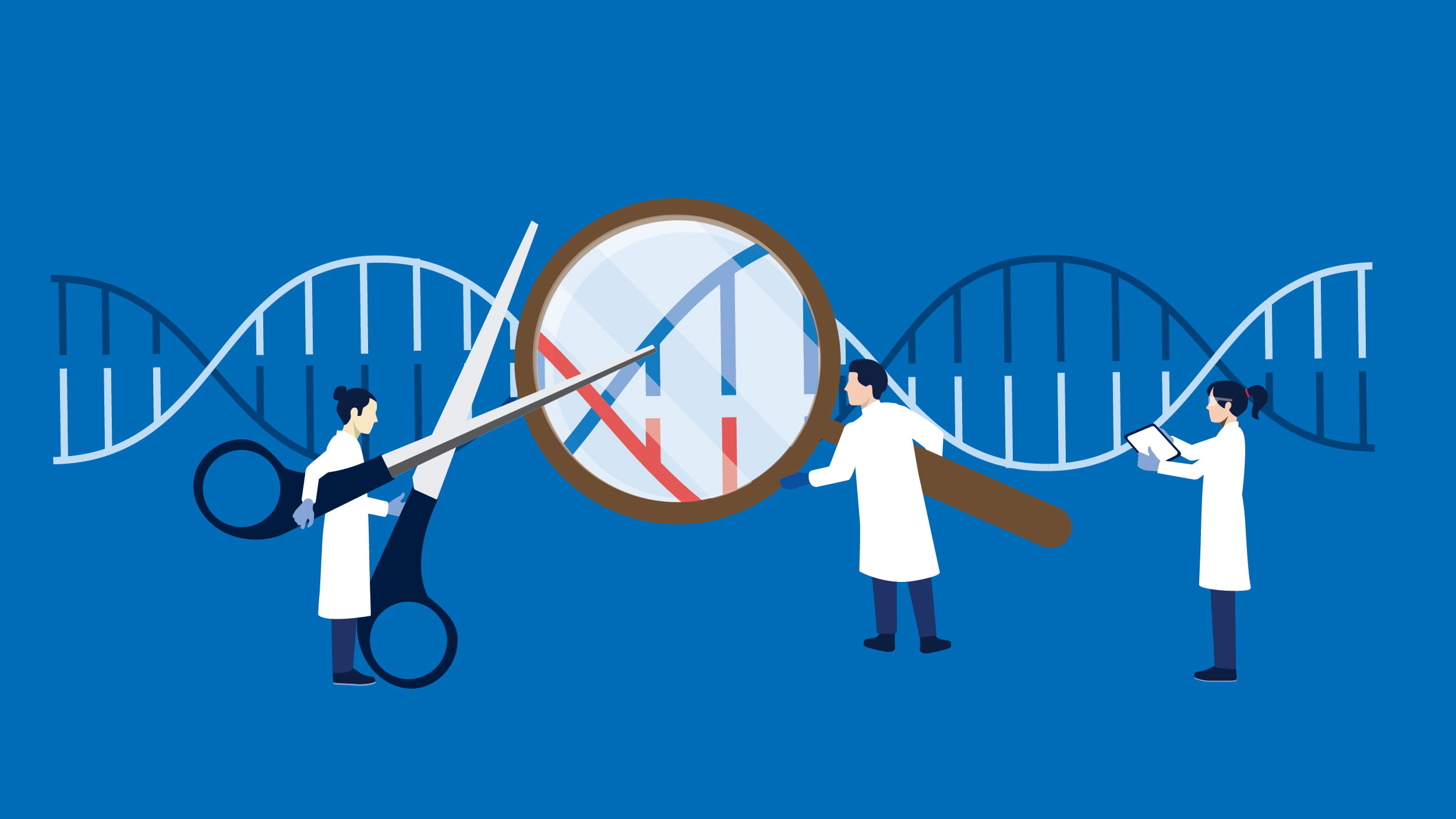illustration of people in lab coats working on dna